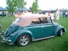 Green VW Beetle with a tan top parked on grass